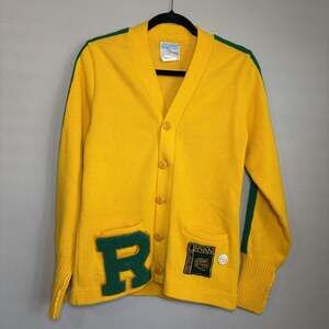 VTG Dallas Knitting Mustard Yellow Knit Cardigan Sweater Varsity Size 38 / M?